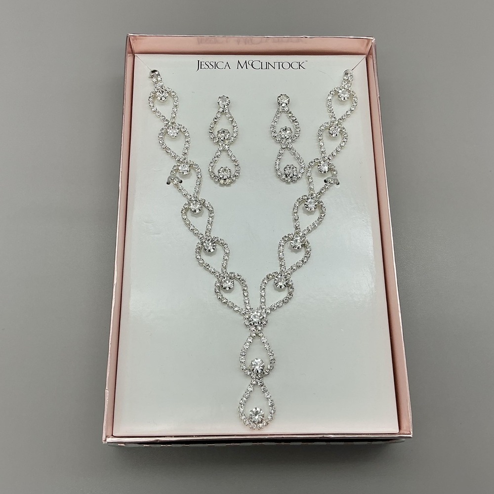 Jessica McClintock Necklace Earrings Set Silver Tone Crystal Rhinestone Bridal